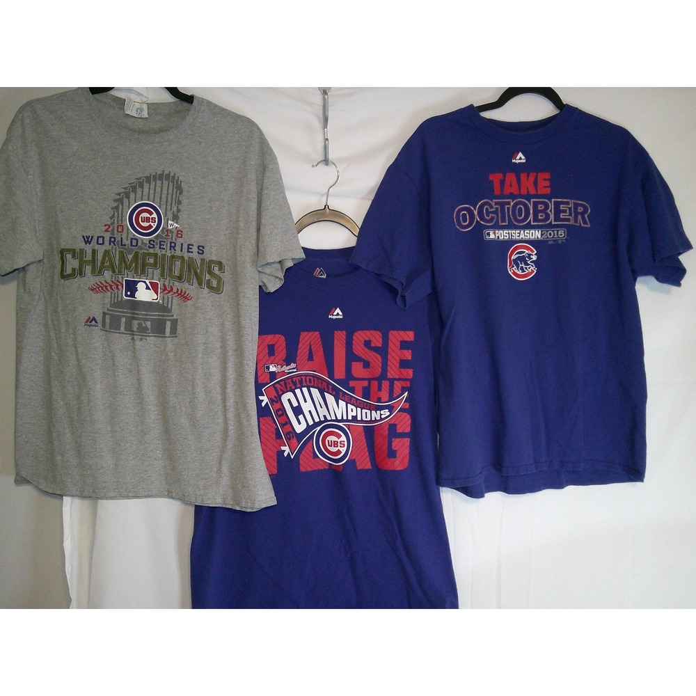 Lot of‎ 3 Chicago Cubs MLB Majestic T-Shirts 2016 World Series Postseason Mens L